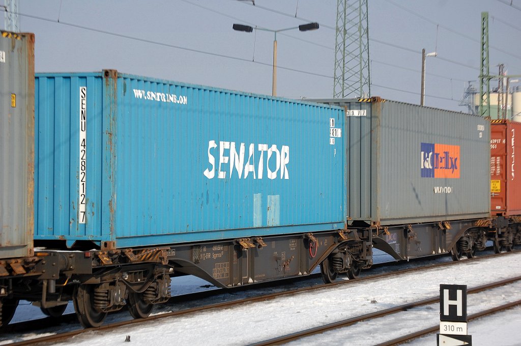 Containertragwageneinheit eingestellt mit der Nr. 33 RIV 80 D-ERR 4961 050-8 Sggmrss 90 Heimatbahnhof: Duisburg-Hafen am 17.02.10 Bhf Flughafen Berlin-Sch�nefeld.