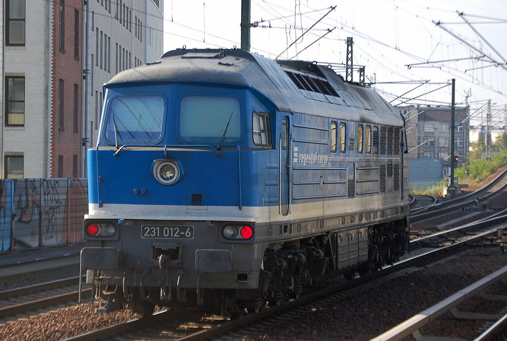 Inzwischen anscheinend wieder beim Eigent�mer WFL die blaue regental cargo Lok 231 012-6 (92 80 0231 012-8 D-RBG) von Berlin Greifswalder Str. kommend Richtung Berlin-Spandau unterwegs, 20.10.11 Berlin-Wedding.  