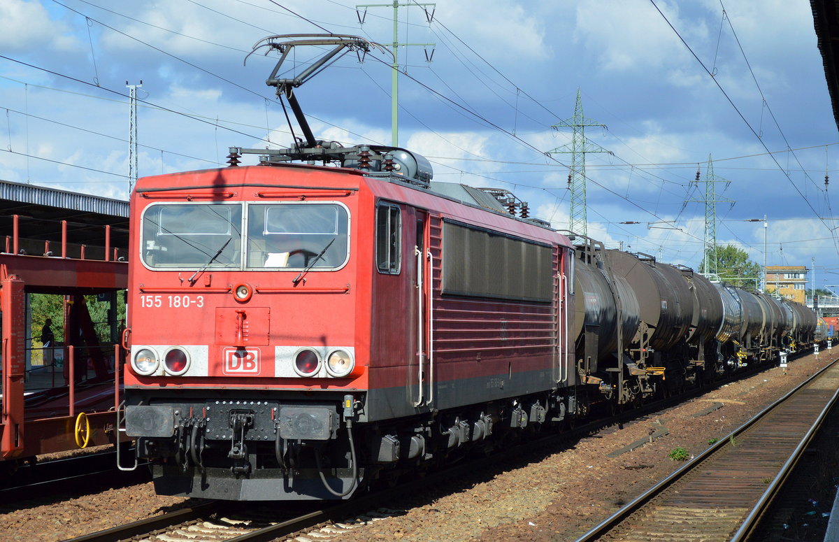 155 180-3 mit einem gemischten Güterzug am 05.09.16 Durchfahrt Bf. Flughafen Berlin-Schönefeld.