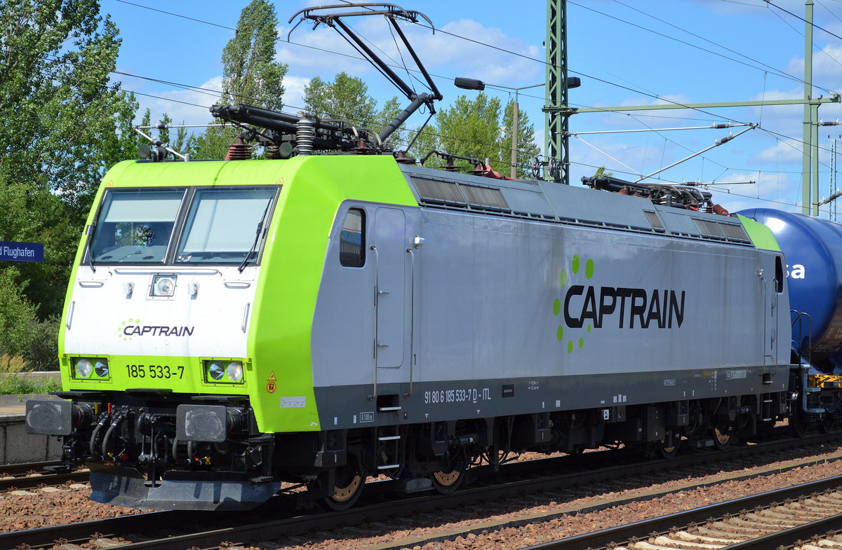 Captrain/ITL 185 533-7 mit Kesselwagenzug (Dieselkraftstoff) am 03.07.17 Bf. Flughafen Berlin-Schönefeld.