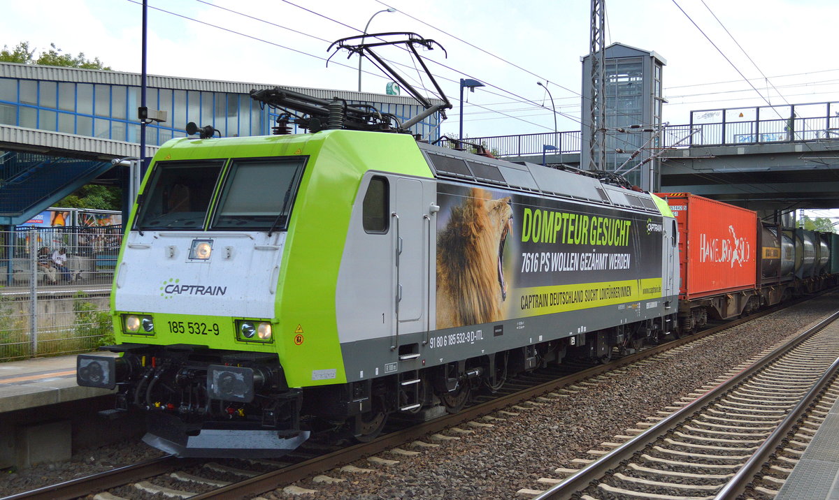Captrain/ITL mit einer wunderschön neu gestalteten Werbelok in eigener Sache  DOMPTEUR GESUCHT  (Jobangebot) 185 532-9 mit Containerzug am 02.08.17 Bf. Berlin-Hohenschönhausen.