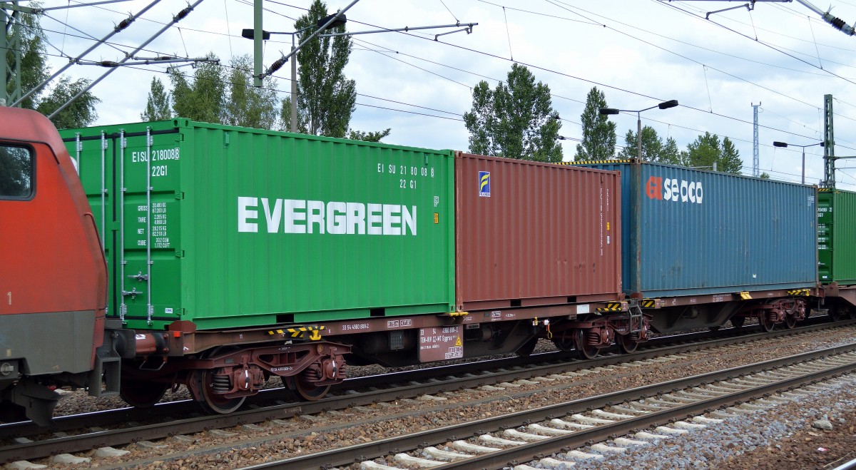 Die Evergreen Corp.(Taiwan)Ltd. ist eine der fünf größten Containerschiffreedereinen auf unserer Welt, ein Container mit der Aufschrift FLORIS? und ein Container von GEseaco ein riesiges Logistikunternehmen der Sea Container Ltd. mit deutschen Ableger in Hamburg, der GE SeaCo International Leasing GmbH, am 26.06.14 Bhf. Flughafen Berlin-Schönefeld.