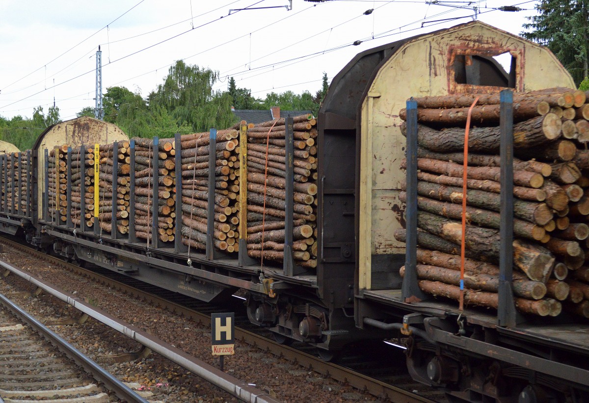 Drehgestell-Flachwagen mit Niederbindeinrichtung vom Einsteller TRANSWAGGON mit der Nr. 33 RIV 80 D-TWA 4725 107-3 (P) Snps Bf. Maschen Rbf. beladen mit Stammholz am 23.07.15 Berlin-Hirschgarten.