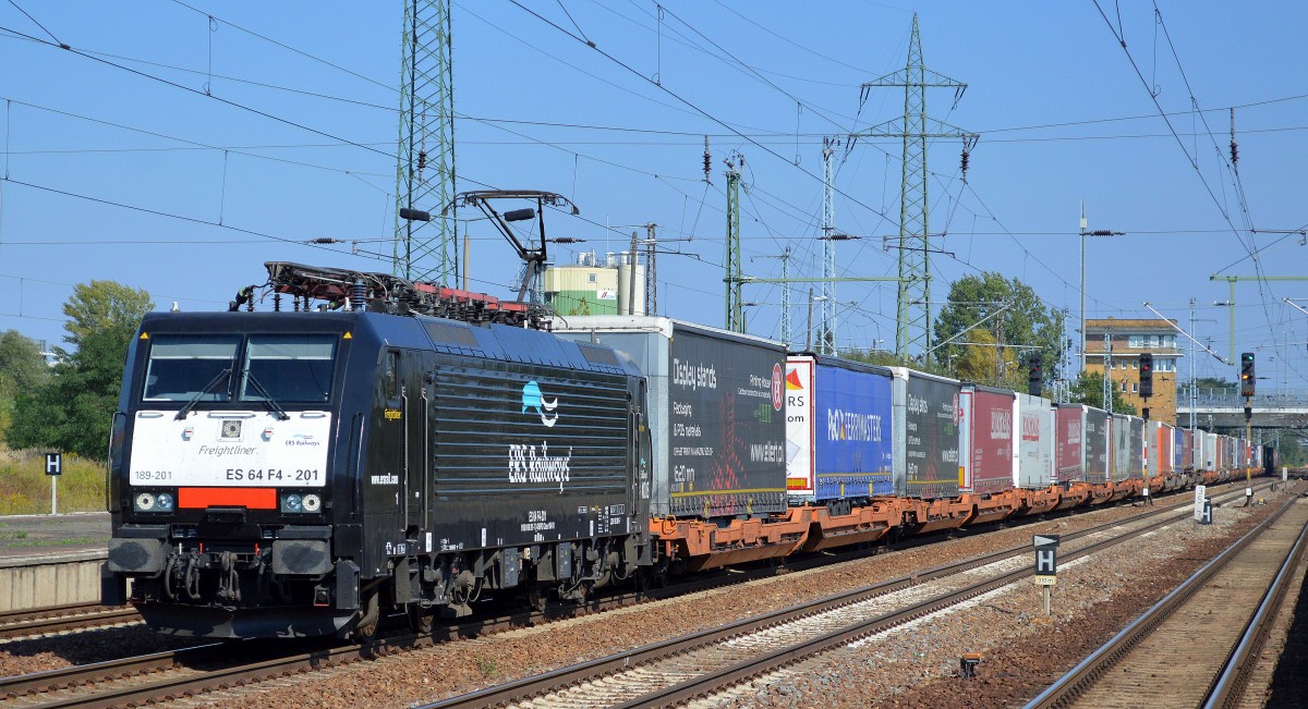 ERSR mit MRCE Dispolok 189-201/ES 64 F4-201 und KLV-Zug am 18.09.14 Durchfahrt Bhf. Flughafen Berlin-Schönefeld.