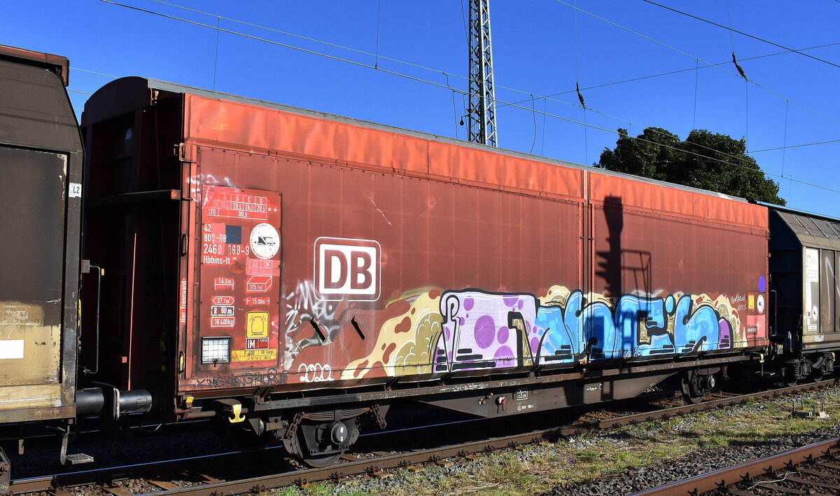 Güterwagen der DB Cargo mit zwei Radsätzen, zweiteiligen Schiebewänden mit Planenbespannung und mit einer verriegelbaren Trennwand und ist für die Beförderung von Automobilteilen in Ladegestellen konzipiert. Im Bild der Wagen mit der Nr. 42 80 D-DB 2468 168-9 Hbbins-tt 309 in einem gemischten Güterzug am 23.09.25 Höhe Bahnhof Magdeburg-Neustadt.