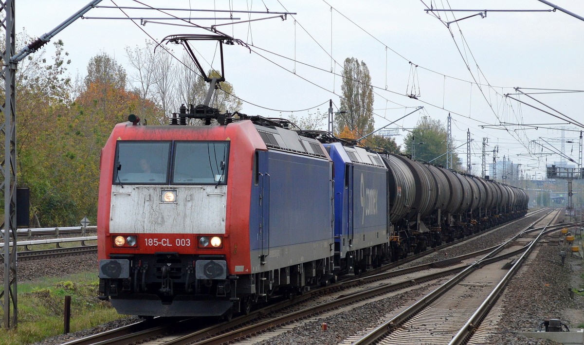 ITL 185-CL 003 (185 503-0) mit 146 521-0 und Kesselwagen am Haken am 13.10.14 Berlin-Hohenschönhausen.