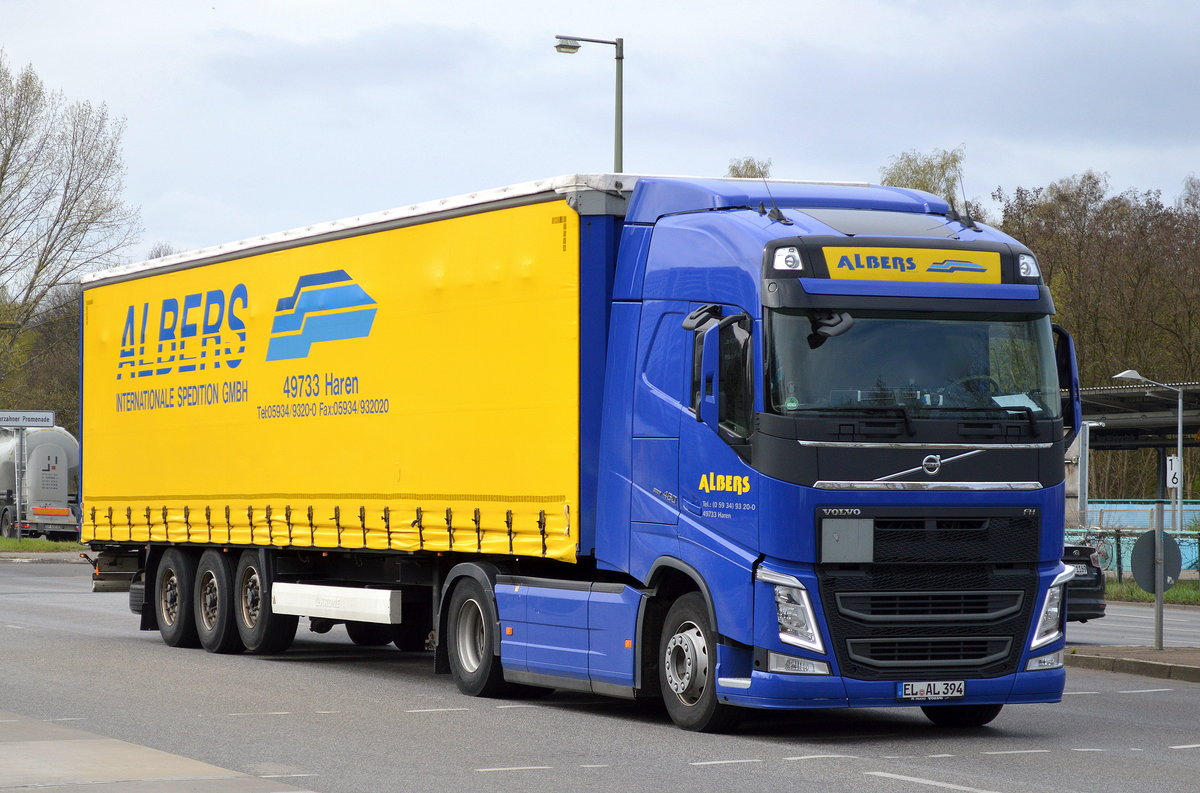 Moderne VOLVO FH 460 EEV Zugmaschine, ein Sattelzug der Sped.ALBERS am 07.04.16 Berlin-Marzahn. 
