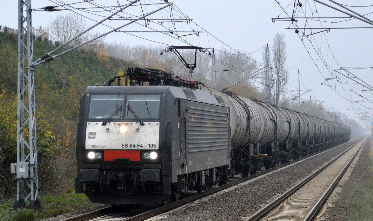 MRCE Dispolok 189-105/ ES 64 F4-105 für LTE tätig mit Kesselwagenzug am 18.11.14 Berlin-Hohenschönhausen. 