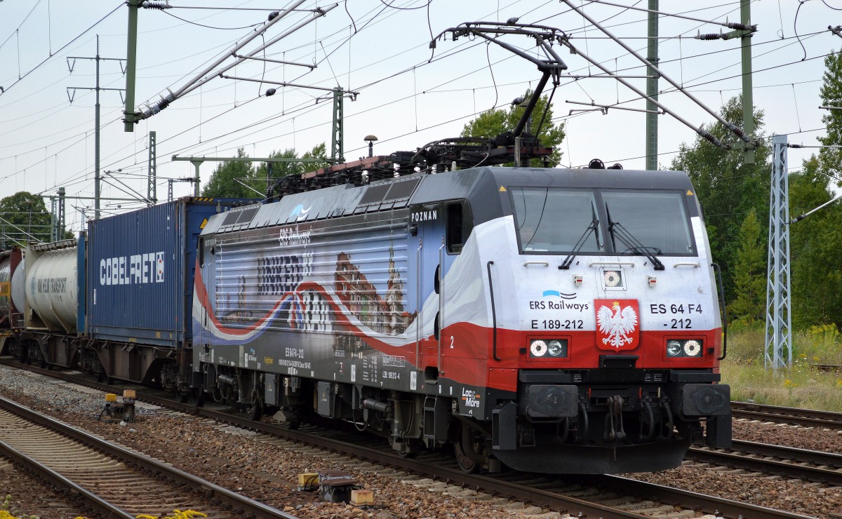 Nun habe ich also auch endlich die noch recht neu und wunderschön gestaltetete MRCE 189ér von ERSR, ES 64 F4-212 mit den Motiven der Tour von Rotterdam nach Poznan (Poznan-Shuttle) gestaltet abgelichtet, unterwegs nach Poznan durchfuhr sie heute den Bhf. Flughafen Berlin-Schönefeld, 07.08.14 