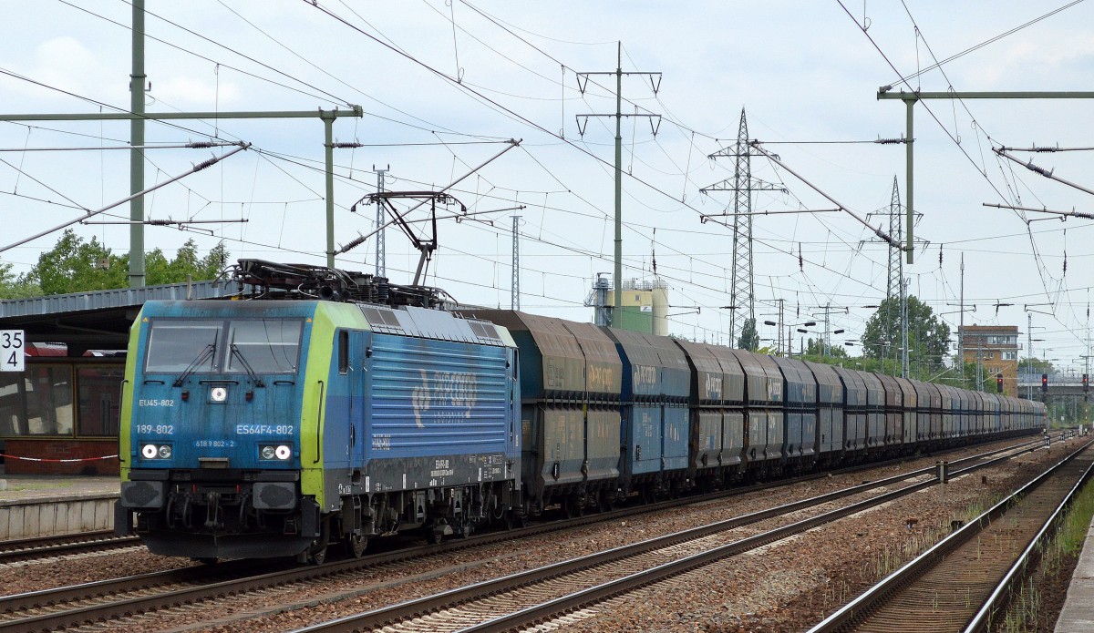 PKPC mit MRCE Dispolok 189-802/EU45-802 mit Ganzzug Schüttgutwagen am 03.06.15 Durchfahrt Bhf. Flughafen Berlin-Schönefeld.