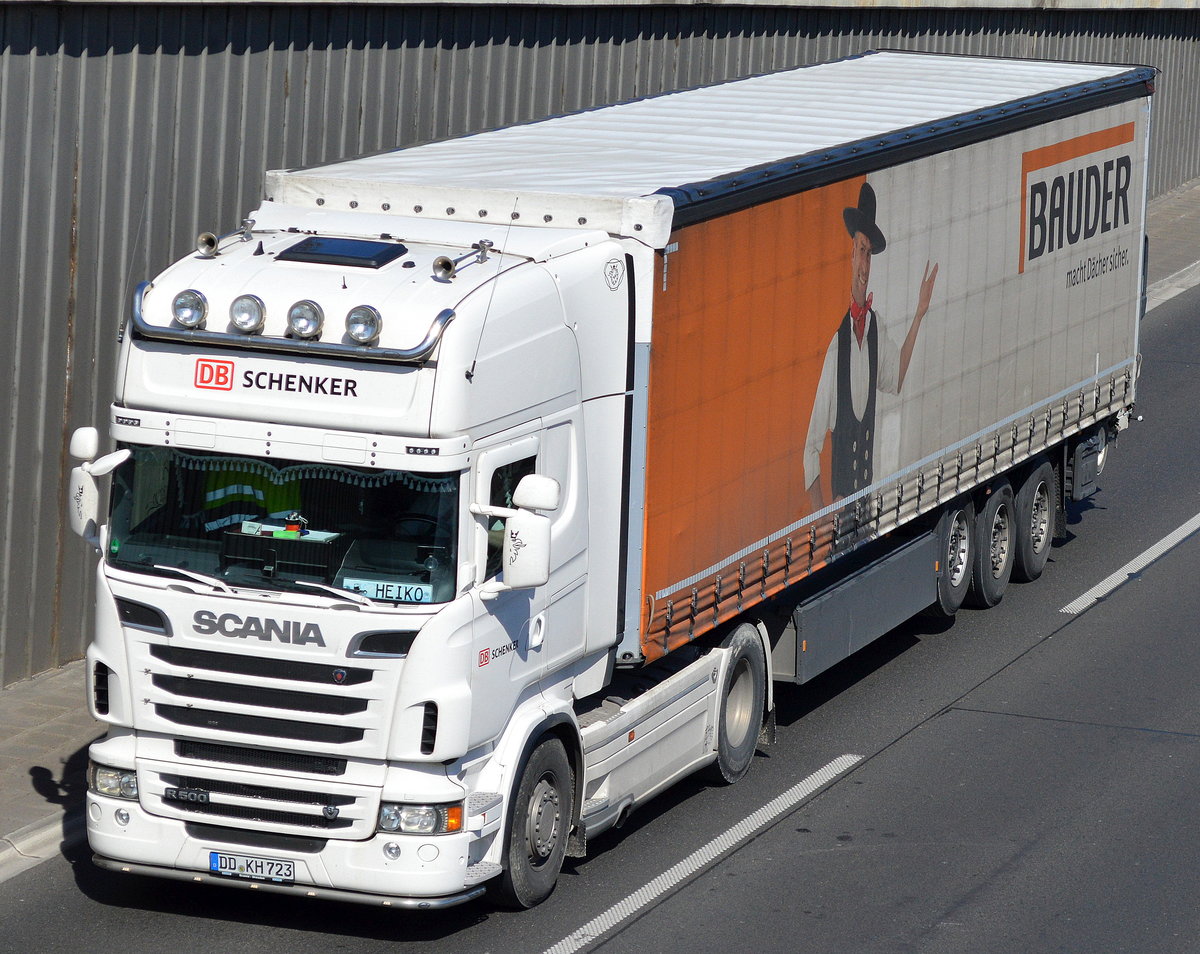 SCANIA R500 Zugmaschine von DB SCHENKER mit Trailer der Fa. BAUDER am 21.04.16 Berliner Stadtautobahn Höhe Knobelsdorffstr.  