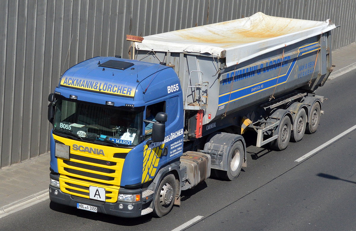 SCANIA Sattelkipper der Fa. ACKMANN & LÖRCHER GmbH & Co KG am 21.04.16 Berliner Stadtautobahn Höhe Knobelsdorffstr.