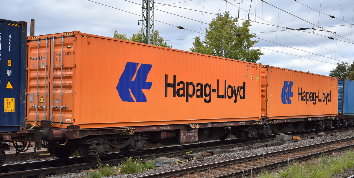 Tschechischer Gelenk-Containertragewagen vom Einsteller CSKD Intrans s.r.o. mit der Nr. 33 TEN 54 CZ-INT 4975 004-1 Sggrss 576.1.1 in einem Containerzug am 18.09.25 Höhe Bahnhof Magdeburg-Neustadt.