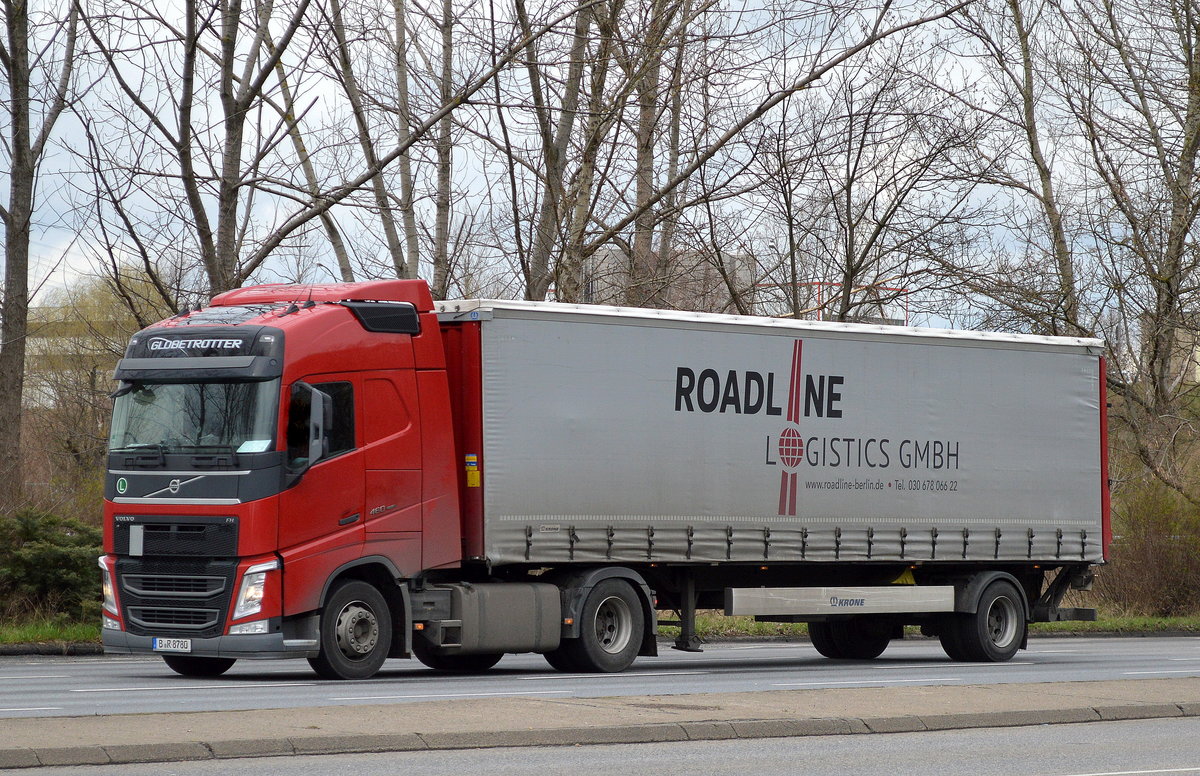 VOLVO FH 460 EEV (GLOBETROTTER) Zugmaschine mit Auflieger der Fa. die Sped. ROADLINE LOGISTICS GMBH aus Berlin am 30.03.16 Berlin-Marzahn.