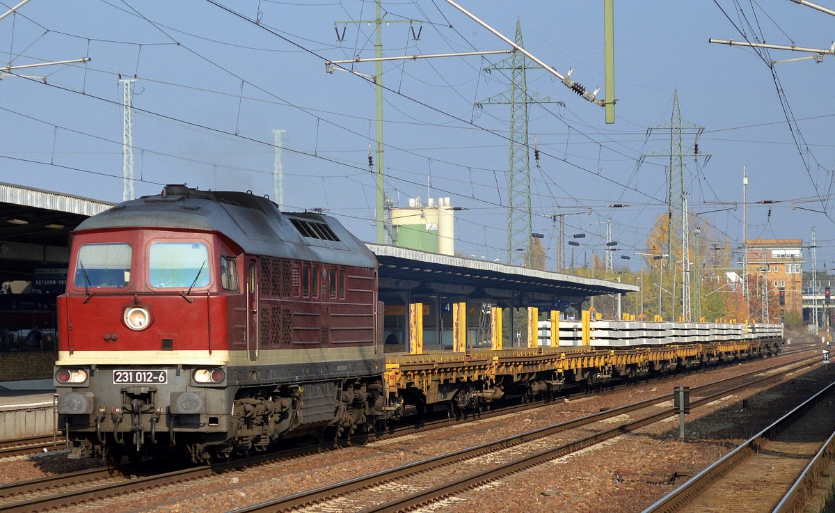WFL 231 012-6 mit einem Güterzug Oberbaustoffwagen mit z.Teil Gleisbohlen beladen am 28.10.15 Bhf. Flughafen Berlin-Schönefeld.