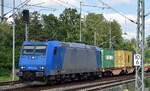 Emons Bahntransporte GmbH, Dresden mit der geleasten ATLU Lok   185-CL 004  [NVR-Numer: 91 80 6185 504-8 D-ATLU] und einem �bergabezug Container am 22.06.26 H�he Leipzig-Thekla.
