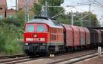 233 127-0 mit G�terzug f�r Stahlprodukte bei der Durchfahrt im Bhf.