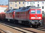 Doppeltraktion 233�r mit einem Ganzzug Frischholz, 233 127-0 + 233 636-0 Richtung Berlin Spnadau am 23.09.10 Berlin-Wedding.