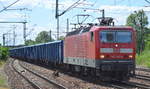 143 580-9 mit einem Ganzzug polnischer offener Drehgestell-Güterwagen am 04.07.17 Bf.