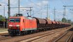 145 079-0 mit einem Ganzzug gedeckter Schüttgutwagen am 23.07.15 Bhf.