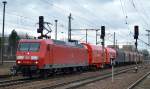 145 059-2 mit einem kurzen Güterzug Coiltransportwagen mit Planeabdeckung am 23.02.16 Bhf.