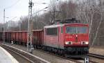 155 191-0 mit Ganzzug offener Güterwagen Richtung Karower Kreuz Berlin am 11.02.14 Mühlenbeck/Mönchmühle b.