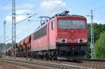 155 130-8 mit einem Ganzzug Schüttgutwagen am 29.07.15 Berlin-Wuhlheide.