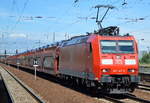 185 147-6 mit einem PKW-Transportzug mit fabrikneuen Vauxhall Astra am 06.07.16 Bf.