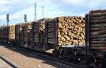 Drehgestell-Flachwagen mit Niederbindeeinrichtungen Der DB mit Stammholz beladen mit der Nr.37 RIV 80 D-DBSNI 4723 753-2 Snps 719 am 20.09.15 Bhf.