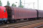 Drehgestellflachwagen mit vier Rads�tzen und verschiebaren Planenverdeck der DB vom Typ Rilns 654, eingestellt mit der Nr.
