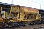 Eine Rarität unter den offenen Schüttgutwagen der DB sind diese gelben  	Vierachsiger Planumskiessand/Schotterwagen (sehe ich hier im Nordosten zum ersten Mal), im Bild der Wagen mit der Nr.