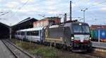 DB Fernverkehr AG [D] mit der geleasten BRCE Vectron  X4 E - 794  [NVR-Nummer: 91 80 6193 794-5 D-DISPO] und dem EC 231 nach Gdynia Glowna (reichlich verspätet) am 15.10.25 Abfahrt Bahnhof