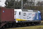 Leider nur als Nachschuss, EGP - Eisenbahngesellschaft Potsdam mbH, Wittenberge [D] mit der neu optisch gestalteten  145 049-3  [NVR-Nummer: 91 80 6145 049-3 D-EGP] und einem Containerzug Richtung