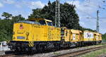 DB InfraGO AG, Frankfurt (Main) mit ihrer  203 303-3  [NVR-Nummer: 92 80 1203 303-3 D-DBMP] und der modularen Schienenschleifmaschine  Rail Styler , der RAIL GRINDER RGH20C ( 99 80 9127 004-6 D-DBMP ) am Haken am 10.07.26 H�he Bahnhof Magdeburg-Neustadt.