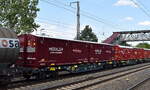 Drehgestell-Container Doppel-Flachwagen vom Einsteller Rail Cargo Austria AG wohl angemietet für die MFD Rail Group mit deutscher Registrierung mit der Nr.