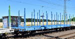 Drehgestell-Flachwagen mit vier Radsätzen und Niederbindeeinrichtung für die Beförderung von Stamm- und Schnittholz vom Einsteller S-Rail GmbH (SETG) mit der Nr.
