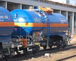 Dieser auff�llig blau-orange Gasdruckkesselwagen (safe tank car) vom Wageneinsteller WASCOSA AG ist f�r die Firma Grillo Werke AG im Einsatz siehe Logo, die Firma ist u.a.