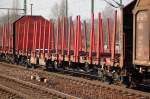 Drehgestellflachwagen mit vier Rads�tzen + Rungen mit Stirnw�nden ohne Seitenklappen der DB eingestellt mit der Nr.