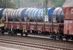 Drehgestellflachwagen mit vier Rads�tzen und Rungen der DB eingestellt mit der Nr.