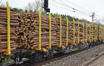 Die im Moment meist benutzten Drehgestell-Flachwagen mit Niederbindeeinrichtungen vom Einsteller TRANSWAGGON für Stammholz-Transporte, im Bild der Wagen mit der Nr.