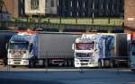 Ein IVECO Stralis und ein MAN TGX Sattelzug der BDT-Logistik pausieren auf dem Gel�nde des Berliner Westhafen, 28.12.12