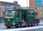 Wesentlich besserer Schuss der zweiten Schwertransportzugmaschine als beim ersten Zusammentreffen im Januar, die w.mayer MAG TGX 41.680 Zugmaschine am 03.02.12 Berlin-Putlitzbr�cke. 