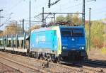 Die MRCE Mietlok ES64F4-804/189-804 EU45-804 der PKP Cargo mit Leerzug PKW Transportwageneinheiten am 17.10.12 Durchfahrt Bhf.