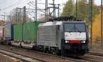 MRCE Dispolok ES 64 F4-210 (E 189-210) f�r ERSR t�tig f�hrt mit Taschenwagenzug zum Pausieren in den Bhf.