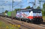 ERSR Poznan-Shuttle mit derselbigen Themenlok, der MRCE Dispolok E 189-212/ES 64 F4-212 mit KLV-Zug am 14.08.14 Bhf.
