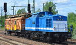 SLG V 100-SP-001 (202 846-2) mit einem Fahrleitungsmontagewagen 579 der DB Bahnbau Gruppe (80 80 970 8 009-3) am 04.07.17 Bf.