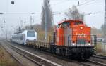 hvle V160.9 (203 141-7) kommt vom Gelände des Stadler-Werks in Berlin-Pankow wiederum mit einem neuen FLIRT für die DB Regio Region Südwest Trier, dem Triebzug 429 622-4 Richtung