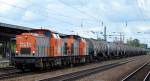 hvle Doppeltraktion V60.7 (203 150-8) + V160.6 (203 144-1) mit Kesselwagenzug (für Ethanol-Transporte) am 26.05.15 Durchfahrt Bhf.