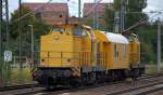 DB Bahnbau Gruppe/DGT mit Lok 3/293 008-9 mit Bahndienstwagen (Aufenthaltswagen) und Lok 7/293 009-7 am 04.09.13 bei der Durchfahrt Bhf.