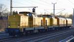 DB Bahnbau Gruppe (DGT) mit Doppeltraktion Lok 1/293 007-1 + Lok 8/293 010-5 und zwei Bahndienstfahrzeugen am 13.02.15 Berlin-Blankenburg.